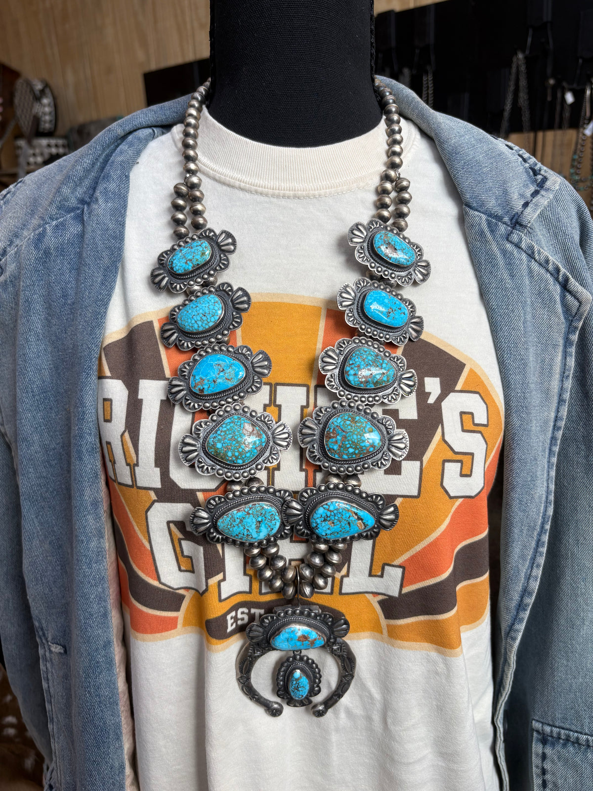 61. Robert Johnson Waterweb Kingman Squash Blossom Necklace